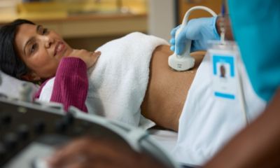  Patient having an abdominal scan with C5-1 transducer 