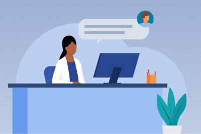 Illustration of physician emailing with customer service representative 