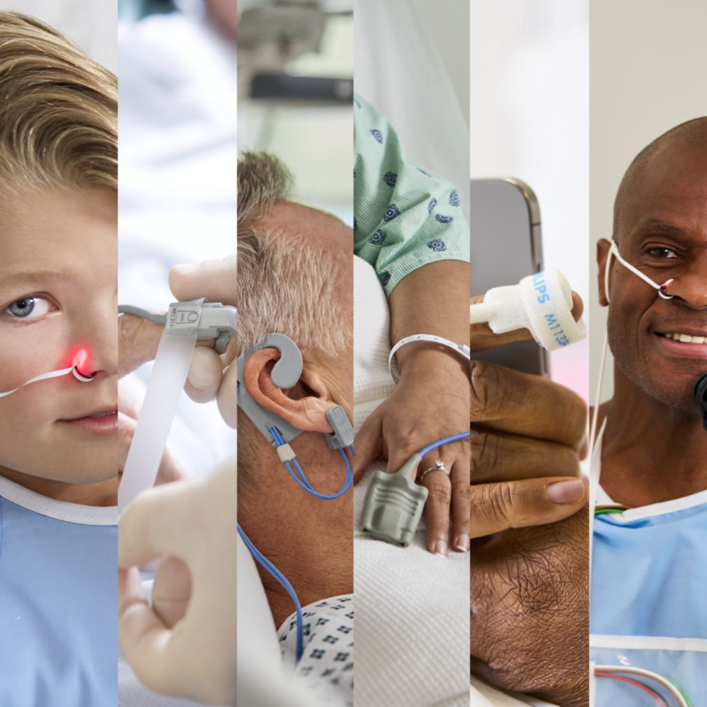 various patients of differing skin tones wearing Philips SpO2 sensors