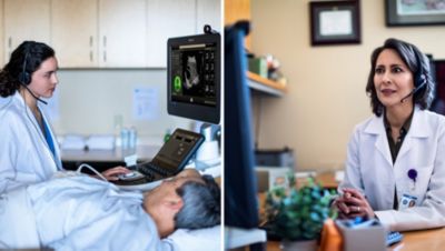 Médico realizando ultrassom enquanto consulta remotamente outro médico por meio de telemedicina.