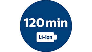 Tehokkaalla litium-ioniakulla 120 min käyttöaikaa