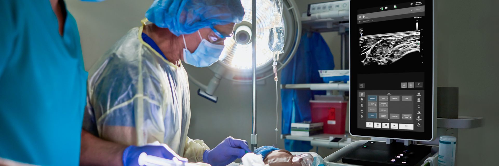 Clinician in anesthesia care setting utilizing mobile ultrasound