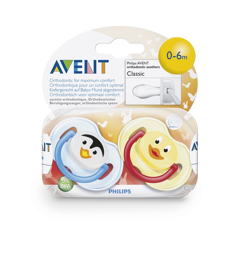 Philips Avent Orthodontic Pacifier, 0-6 months, Various Animal Designs, 2  pack, SCF182/23 (Design may vary) 