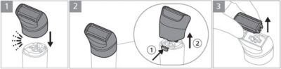 The 3 steps of placing the shaving head onto a lady shaver, then removing it, then lifting out the shaving foil.