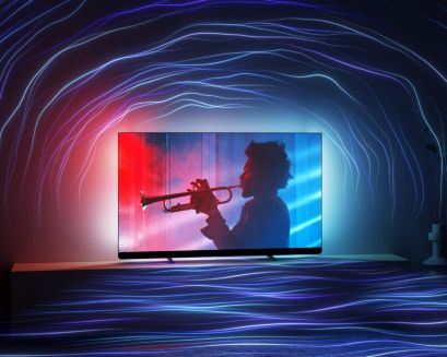 Philips Ambilight TV with trumpet scene and vivid lights