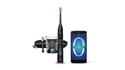 Elektrische Zahnbürste mit aufladendem Glas-Reisekoffer und Putz-App