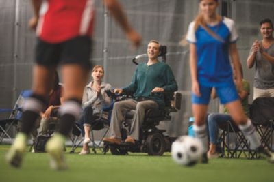 Trilogy Evo Patient in Wheelchair w/Mouthpiece at Daughter Soccer game