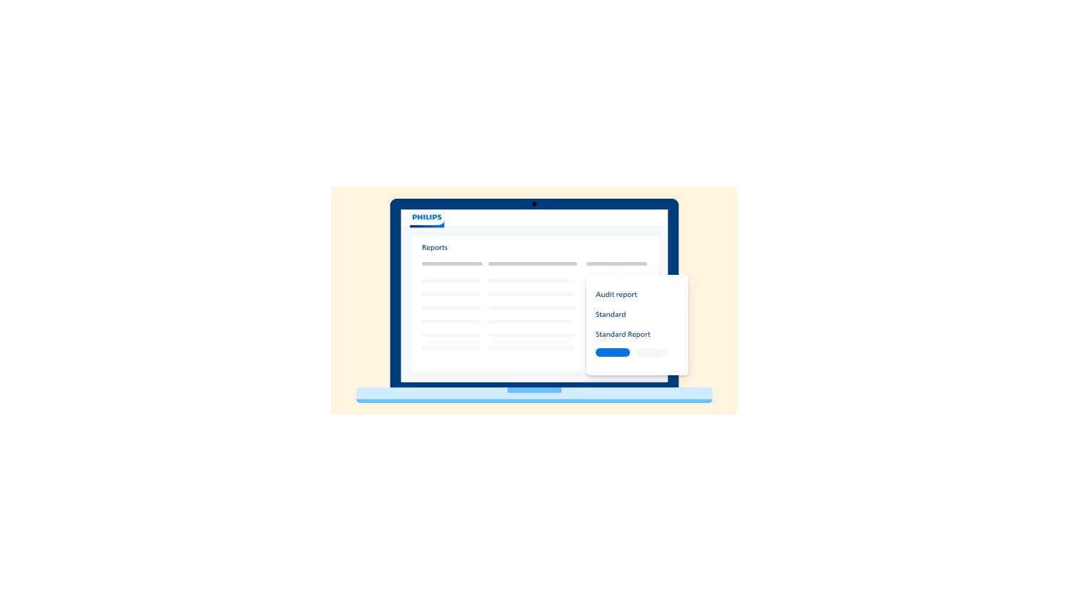 Illustration of a Philips Reports screen on a laptop, with a dropdown menu showing options for audit and standard reports