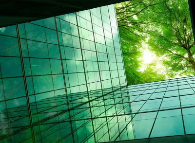 Modern glass building reflecting surrounding trees