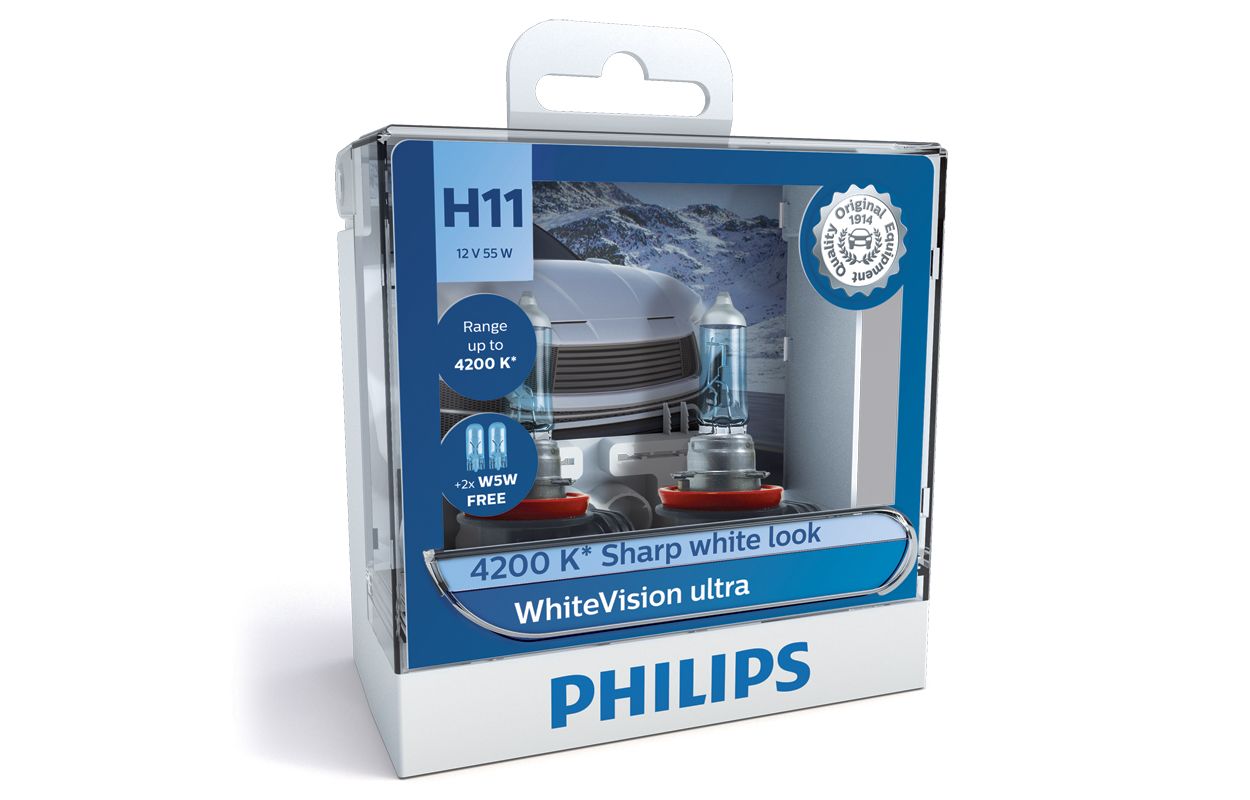 H11 Philips WhiteVision Ultra 12V 55W Halogen Bulbs