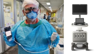 Clinician using Philips Lumify handheld ultrasound connected to mobile device in clinical setting
