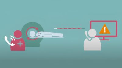 Illustration showing remote MRI system monitoring and support communication between clinician and technician