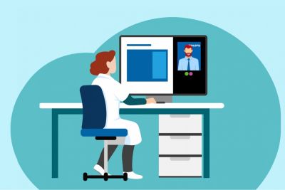 Illustration of physician using a computer video calling with Philips representative