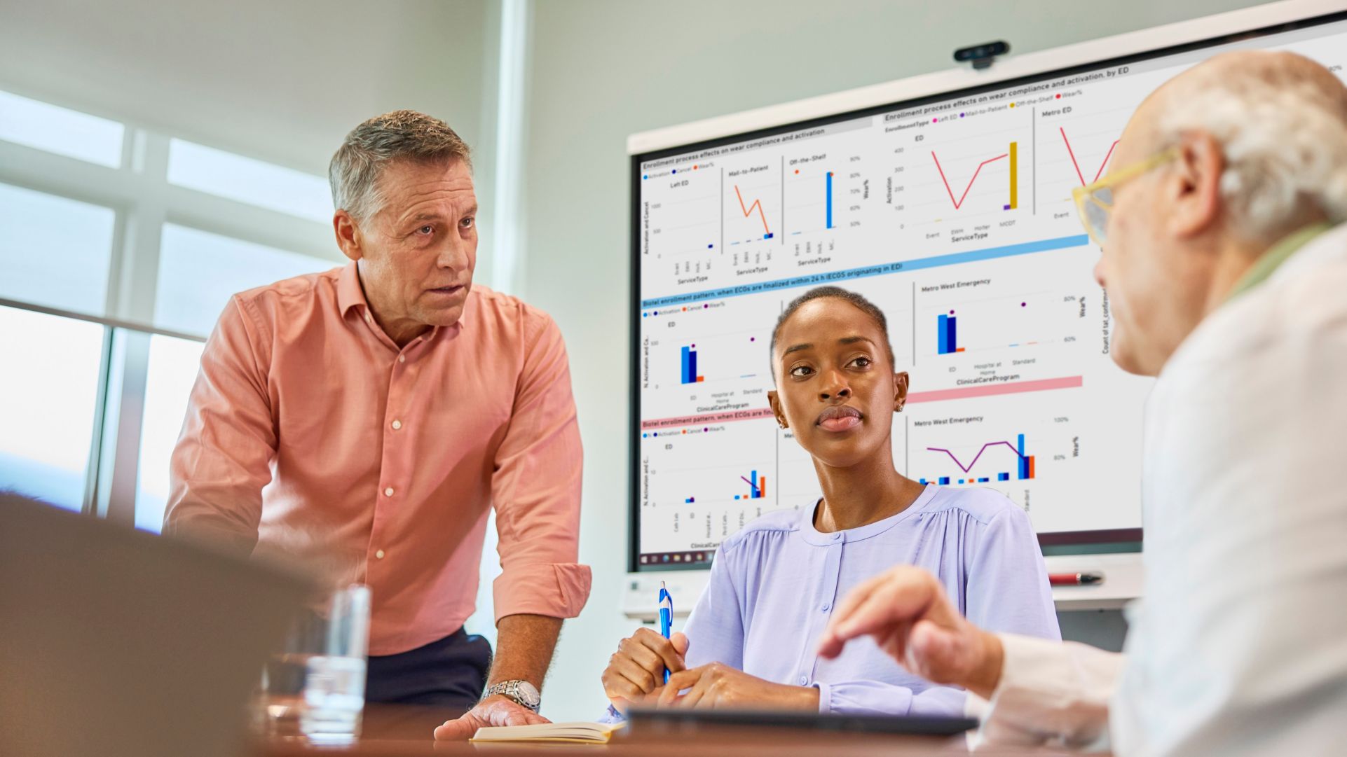 A healthcare team discusses their next move based on the ECG data and trends revealed by Enterprise Insights. 