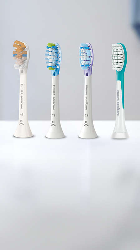 Philips Sonicare brush heads aligned on a countertop