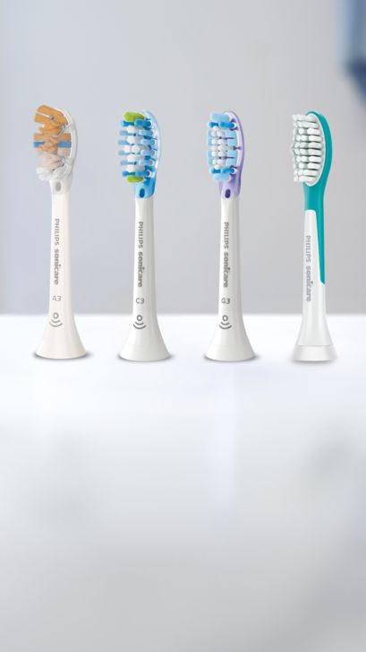 Cabezales de cepillado Philips Sonicare alineados sobre una superficie