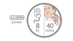 40 shaving minutes, 8-hour charge