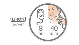 40 shaving minutes, 8 hour charge