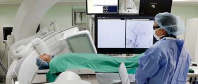 Patient undergoing angiography procedure using Philips Azurion C20 FlexArm system
