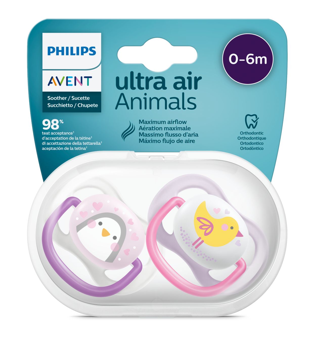 Avent Ultra Air Animals Chupete 0 a 6 meses 2 und. SCF080/06.