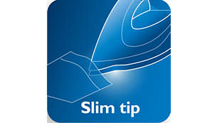 Slim tip soleplate reaches easily in tricky areas