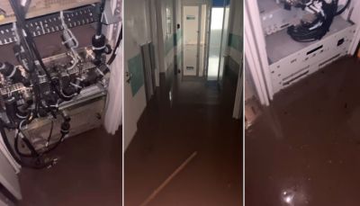 Flooded hospital corridors and medical equipment affected by flooding in Bahia Blanca Argentina