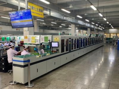 A long, automated production line with various machines and computer screens