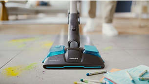 Vacuums and wipes dust, dirt and stains in one go