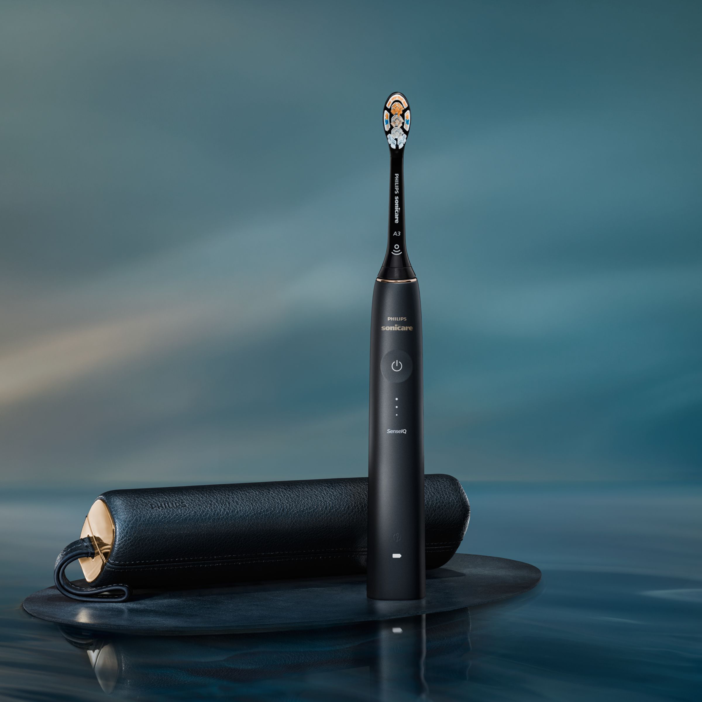 Philips Sonicare Prestige 9900 power toothbrush with All-in-One brush head standing on a countertop