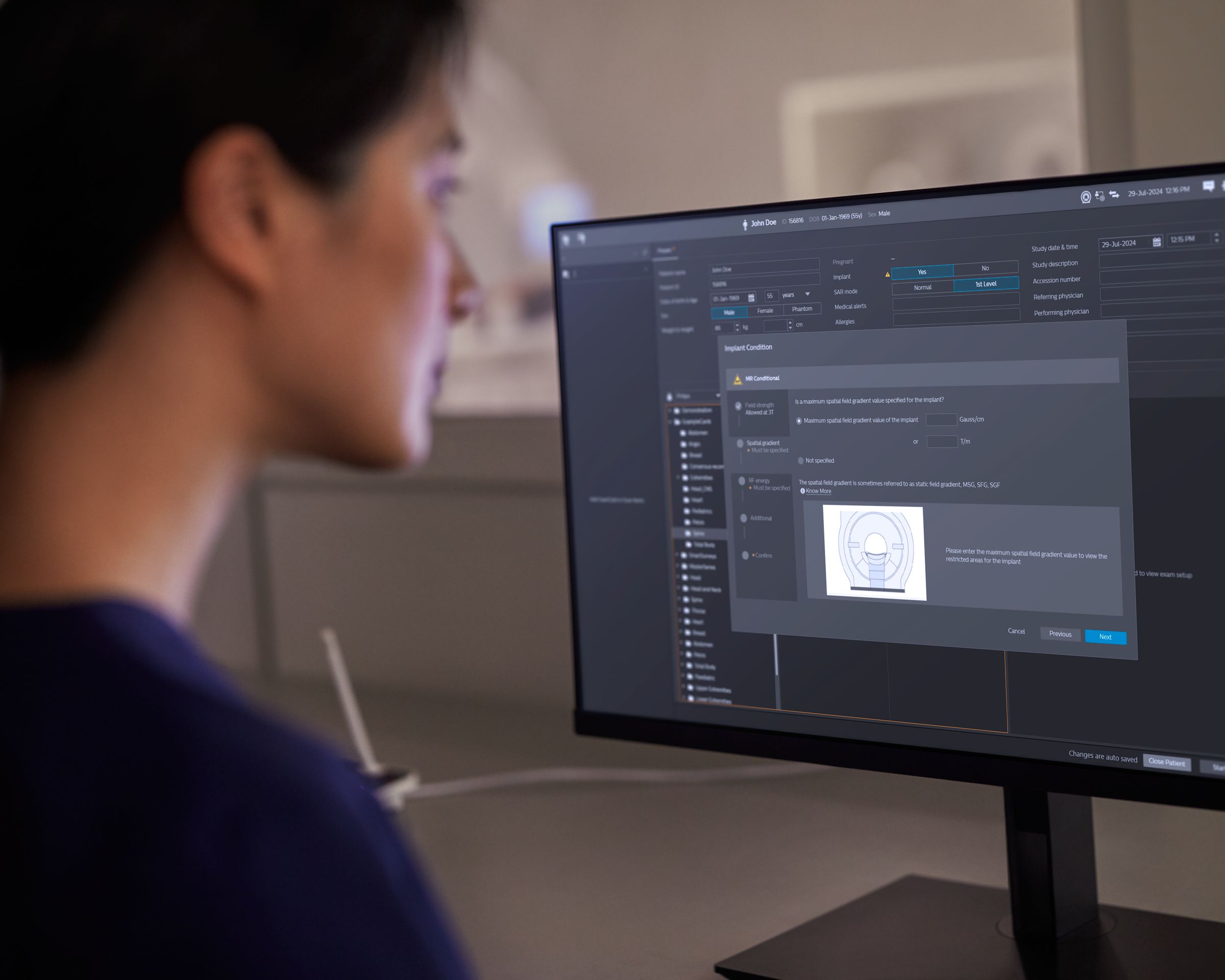 Technologist using the ScanWise Implant wizard to confidently scan patients with MR Conditional implants