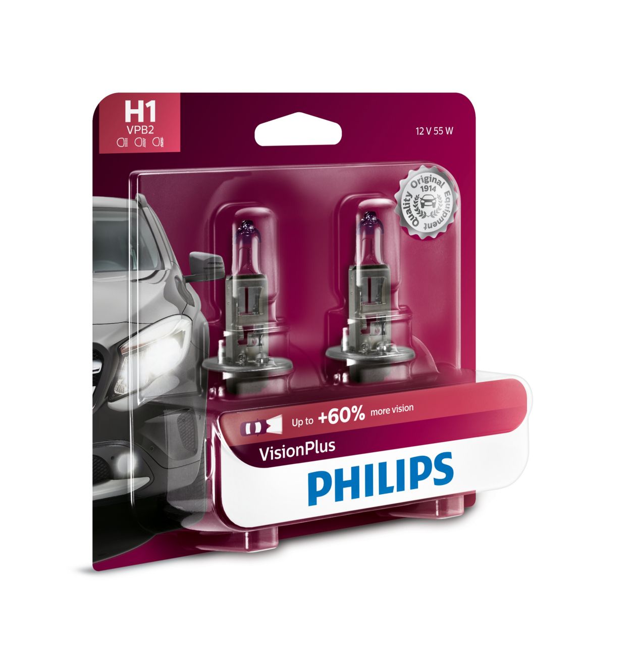 Philips H7 VisionPlus Upgrade Headlight Bulb with up to 60% More Vision, 1  Pack