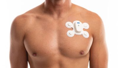 Philips’ LifeSignals partnerships combine UbiqVue® multiparameter biosensor with Philips monitoring ecosystem infrastructure, man wearing biosensor