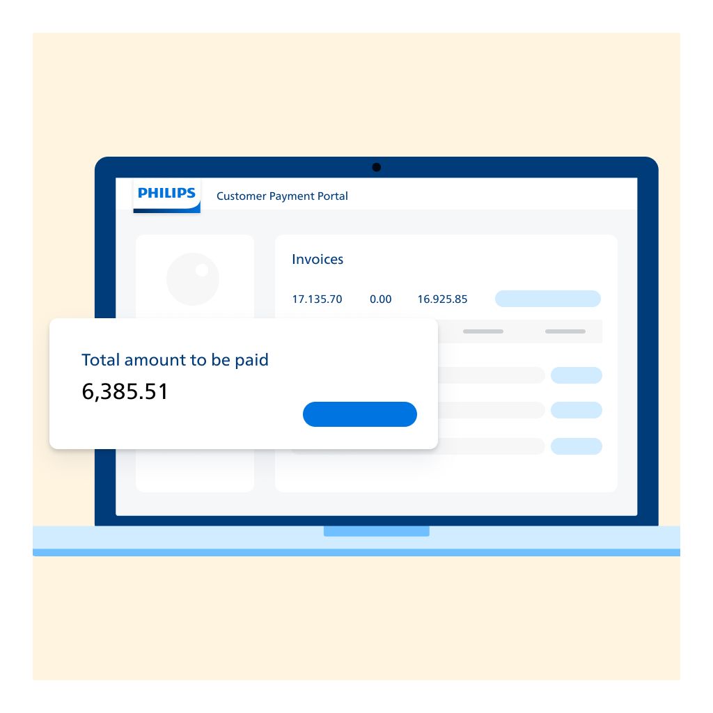 Illustration of a Philips Customer Payment Portal screen on a laptop, displaying invoice details and the total amount to be paid