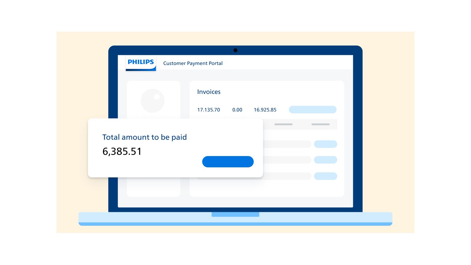Illustration of a Philips Customer Payment Portal screen on a laptop, displaying invoice details and the total amount to be paid.