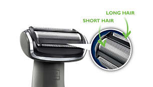 Trim and shave head shaves longer hairs in a single stroke