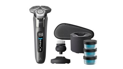 SkinIQ 8000 series electric shaver shown with cleansing pod brush and accessories