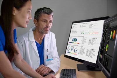 Clinicians reviewing multimodal cardiac test results