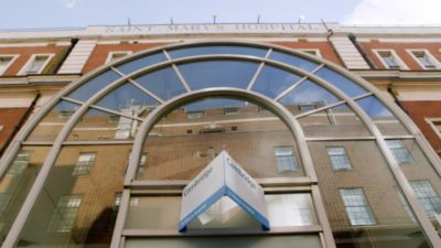 Exterior view of Saint Mary’s Hospital in London, showing the Cambridge Wing entrance.
