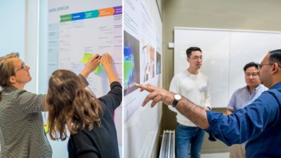 Team discussing AI healthcare solution design in meeting room