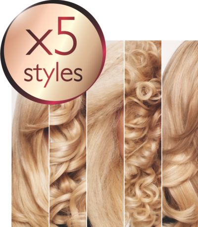 5 estilos diferentes: liso, con bucles grandes, bucles pequeños, rizado y con ondas