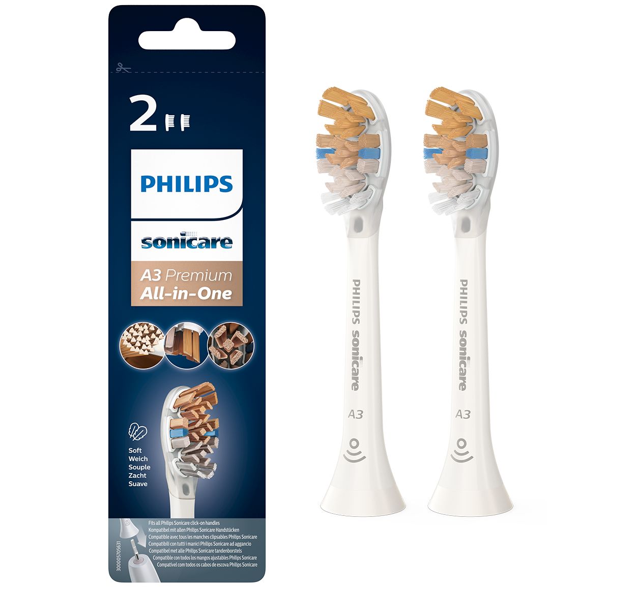 A3 Premium 2-pack all-in-one sonic toothbrush heads HX9092/10