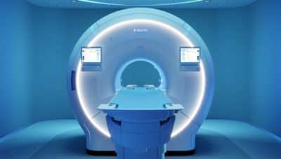 Philips MRI scanner illuminated in a blue imaging suite

