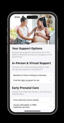 Philips Avent Pregnancy plus app showing Arkansas support options on smartphone