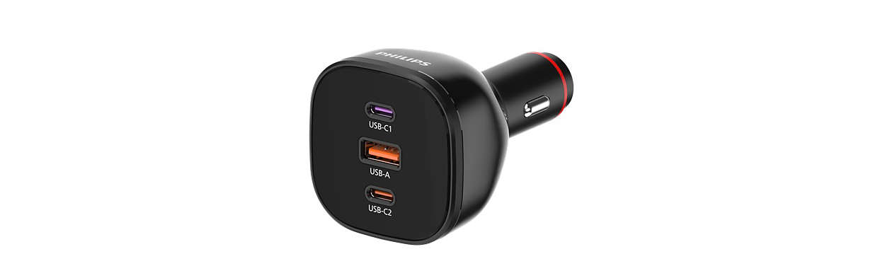 車用充電器搭配 USB-A 和 USB-C 連接埠