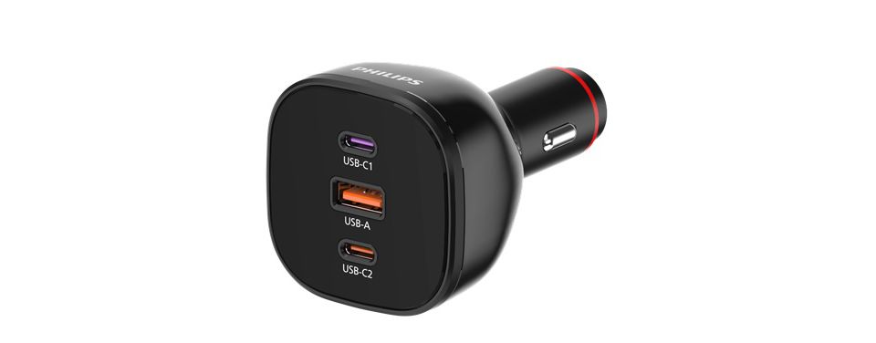 車用充電器搭配 USB-A 和 USB-C 連接埠
