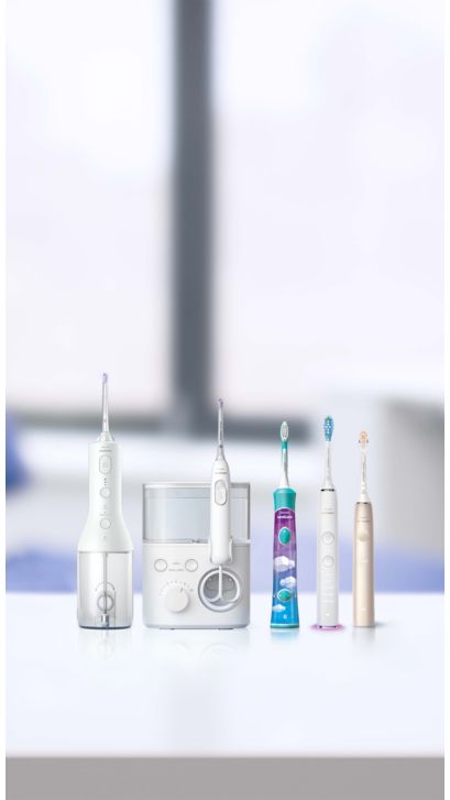 Philips Oral Healthcare solutions arranged on a countertop