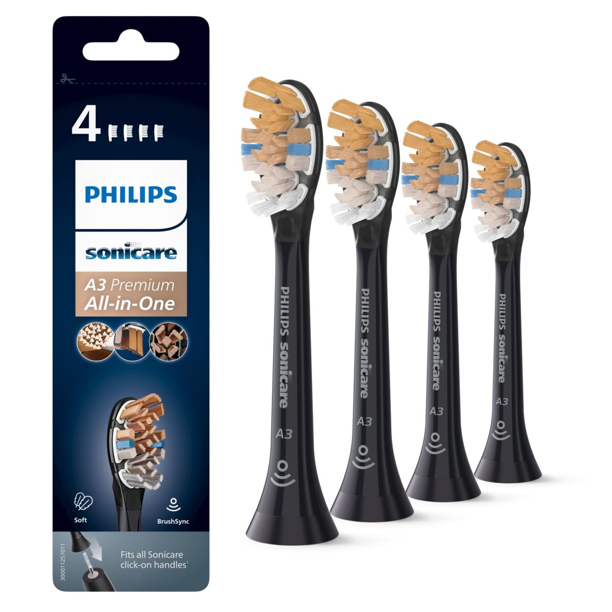 A3 Premium All-in-One 4-pack Black sonic toothbrush heads HX9094/11