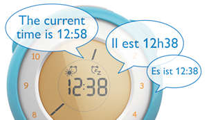Sofortige Sprachansagen für die Uhrzeit auf Englisch, Französisch und Deutsch