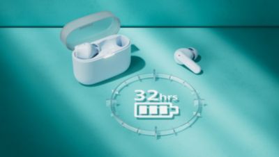 Up to 32 hours play time. Pocket-sized charging case