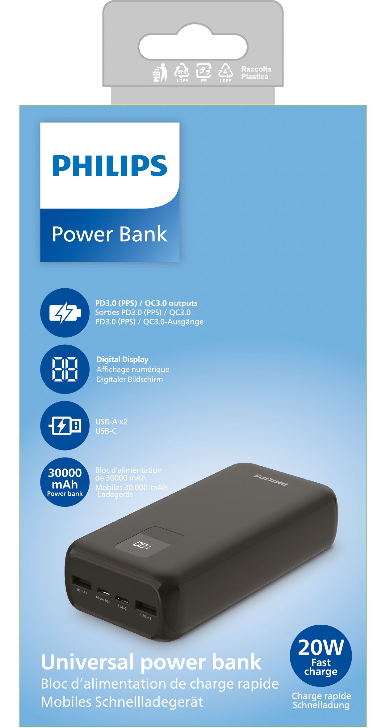 Power Bank 30000mAh, Bateria Externa Carga Rapida 20W PD 3.0 QC